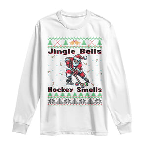 Ugly Christmas Sweater Santa Playing Hockey Long Sleeve Shirt Jingle Bells Hockey Smells TS12 White Print Your Wear
