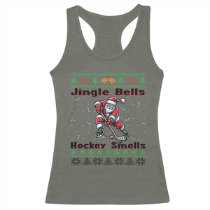 Ugly Christmas Sweater Santa Playing Hockey Racerback Tank Top Jingle Bells Hockey Smells TS12 Military Green Print Your Wear