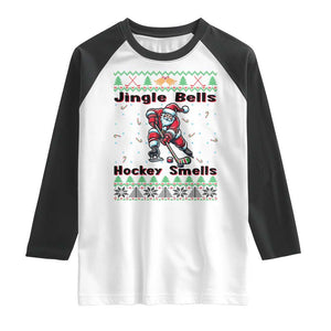 Ugly Christmas Sweater Santa Playing Hockey Raglan Shirt Jingle Bells Hockey Smells TS12 White Black Print Your Wear