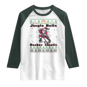 Ugly Christmas Sweater Santa Playing Hockey Raglan Shirt Jingle Bells Hockey Smells TS12 White Dark Forest Green Print Your Wear