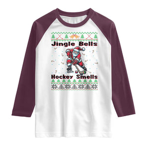 Ugly Christmas Sweater Santa Playing Hockey Raglan Shirt Jingle Bells Hockey Smells TS12 White Maroon Print Your Wear