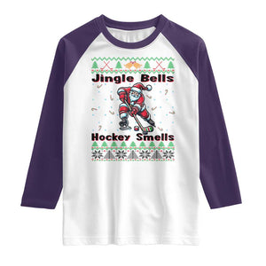 Ugly Christmas Sweater Santa Playing Hockey Raglan Shirt Jingle Bells Hockey Smells TS12 White Purple Print Your Wear
