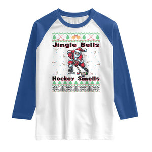 Ugly Christmas Sweater Santa Playing Hockey Raglan Shirt Jingle Bells Hockey Smells TS12 White Royal Print Your Wear