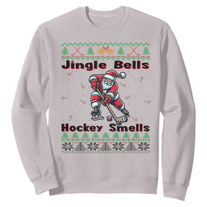 Ugly Christmas Sweater Santa Playing Hockey Sweatshirt Jingle Bells Hockey Smells TS12 Ice Gray Print Your Wear