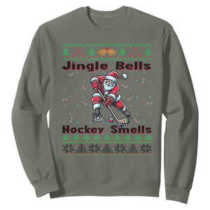Ugly Christmas Sweater Santa Playing Hockey Sweatshirt Jingle Bells Hockey Smells TS12 Military Green Print Your Wear