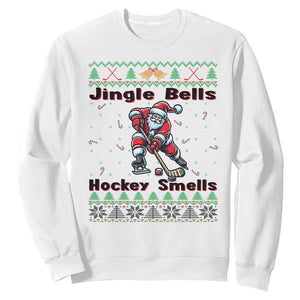 Ugly Christmas Sweater Santa Playing Hockey Sweatshirt Jingle Bells Hockey Smells TS12 White Print Your Wear
