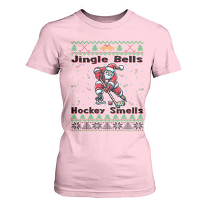 Ugly Christmas Sweater Santa Playing Hockey T Shirt For Women Jingle Bells Hockey Smells TS12 Light Pink Print Your Wear