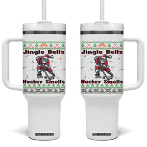 Ugly Christmas Sweater Santa Playing Hockey Tumbler With Handle Jingle Bells Hockey Smells TS12 One Size: 40 oz White Print Your Wear
