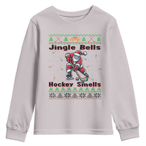 Ugly Christmas Sweater Santa Playing Hockey Youth Sweatshirt Jingle Bells Hockey Smells TS12 Ice Gray Print Your Wear