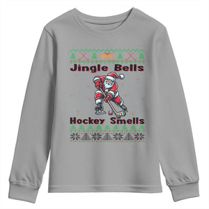 Ugly Christmas Sweater Santa Playing Hockey Youth Sweatshirt Jingle Bells Hockey Smells TS12 Sport Gray Print Your Wear