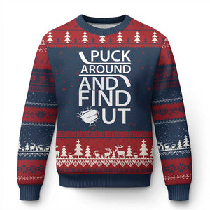 Puck Around And Find Out Ugly Christmas Sweater Hockey Lover Gift TS12 Navy Red Print Your Wear