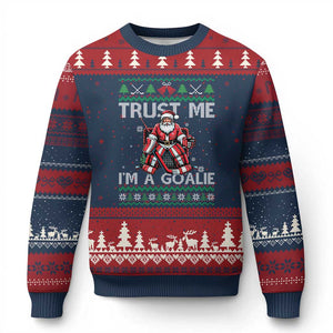 Trust Me Im A Goalie Ugly Christmas Sweater Santa Hockey Goalie Ugly Sweater Gift TS12 Navy Red Print Your Wear