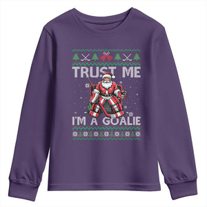 Trust Me Im A Goalie Youth Sweatshirt Santa Hockey Goalie Ugly Sweater Gift TS12 Purple Print Your Wear