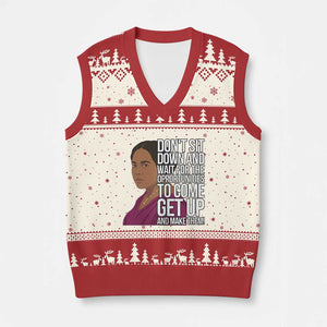 Madam CJ Walker Quote V-Neck Knit Sweater Vest Do Not Sit Down And Wait For Opportunities TS12 Beige Red Print Your Wear