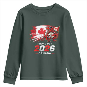 Funny Canada Soccer Dinosaur Youth Sweatshirt Road To 2026 TS12 Dark Forest Green Print Your Wear