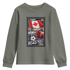 Canada Soccer Moose Youth Sweatshirt Vintage Postal Stamp Road To 2026 TS12 Military Green Print Your Wear