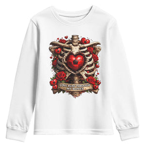 Love Runs Through My Bones Youth Sweatshirt Funny Skeleton Soccer Player Gift TS12 White Print Your Wear