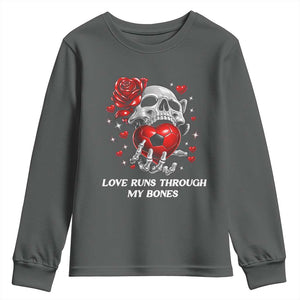Love Runs Through My Bones Youth Sweatshirt Funny Skeleton Soccer Gift TS12 Dark Heather Print Your Wear