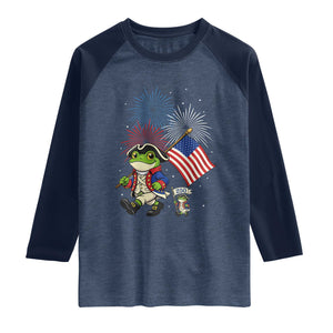 Funny Patriotic Frog Raglan Shirt Celebrating 250 Years Of Freedom TS12 Heather Denim Navy Print Your Wear