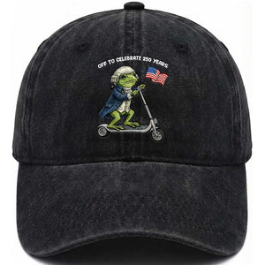 Funny Patriotic Frog Washed Cotton Baseball Cap Off To Celebrate 250 Years Of Freedom TS12 Washed Cap Universal Fit Black Print Your Wear