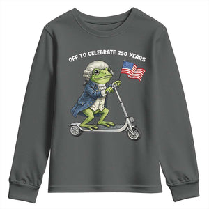 Funny Patriotic Frog Youth Sweatshirt Off To Celebrate 250 Years Of Freedom TS12 Dark Heather Print Your Wear