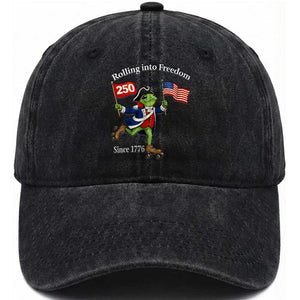 Funny Patriotic Frog Washed Cotton Baseball Cap Rolling Into 250 Years Of Liberty TS12 Washed Cap Universal Fit Black Print Your Wear