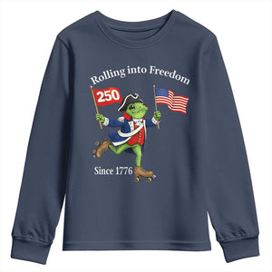 Funny Patriotic Frog Youth Sweatshirt Rolling Into 250 Years Of Liberty TS12 Navy Print Your Wear