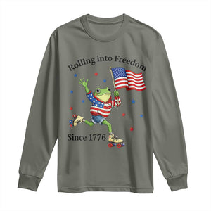 Funny Patriotic Frog Long Sleeve Shirt Rolling Into Freedom Since 1776 TS12 Military Green Print Your Wear