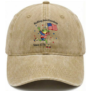 Funny Patriotic Frog Washed Cotton Baseball Cap Rolling Into Freedom Since 1776 TS12 Washed Cap Universal Fit Khaki Print Your Wear