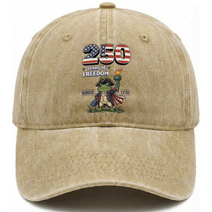 Patriotic Frog Raising The Torch Washed Cotton Baseball Cap 250 Years Of Freedom TS12 Washed Cap Universal Fit Khaki Print Your Wear