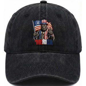 Funny Patriotic Bigfoot Merica Rock Washed Cotton Baseball Cap USA 250th Anniversary TS12 Washed Cap Universal Fit Black Print Your Wear