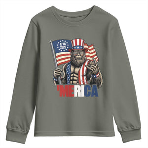 Funny Patriotic Bigfoot Merica Rock Youth Sweatshirt USA 250th Anniversary TS12 Military Green Print Your Wear