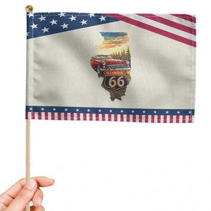 Route Highway 66 Illinois State Pride Patriotic Handheld Flag Mother Road Travel Gift TS12 Modern 8.2" × 5.5" Beige Blue Print Your Wear