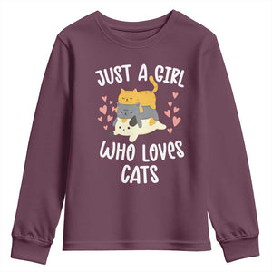 Just A Girl Who Loves Cats Youth Sweatshirt Cute Kittens Pet Lover TS12 Maroon Print Your Wear