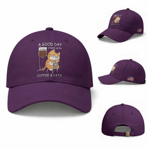 A Good Day Starts With Coffee And Cats Baseball Cap Funny Purrfect Morning TS12 Baseball Cap Universal Fit Purple Print Your Wear