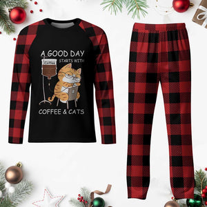 A Good Day Starts With Coffee And Cats Plaid Pajama Set Funny Purrfect Morning TS12 Buffalo Plaid Print Your Wear