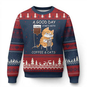 A Good Day Starts With Coffee And Cats Ugly Christmas Sweater Funny Purrfect Morning TS12 Navy Red Print Your Wear