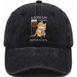 A Good Day Starts With Coffee And Cats Washed Cotton Baseball Cap Funny Purrfect Morning TS12 Print Your Wear
