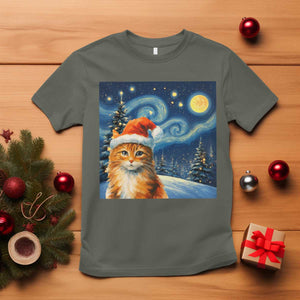 Christmas Van Gogh Cat T Shirt In Santa Hat Starry Night TS12 Military Green Print Your Wear