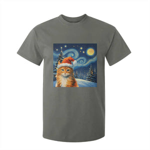 Christmas Van Gogh Cat T Shirt For Kid In Santa Hat Starry Night TS12 Military Green Print Your Wear