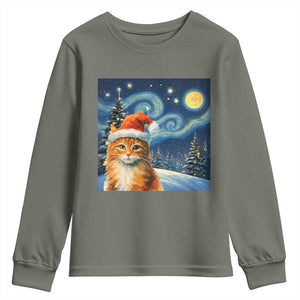 Christmas Van Gogh Cat Youth Sweatshirt In Santa Hat Starry Night TS12 Military Green Print Your Wear