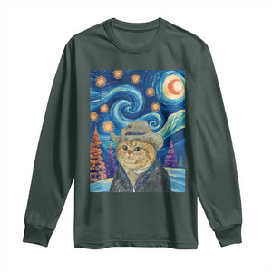 Funny Van Gogh Cat in Starry Night Long Sleeve Shirt TS12 Dark Forest Green Print Your Wear