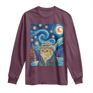 Funny Van Gogh Cat in Starry Night Long Sleeve Shirt TS12 Maroon Print Your Wear