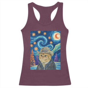 Funny Van Gogh Cat in Starry Night Racerback Tank Top TS12 Maroon Print Your Wear