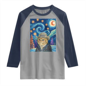 Funny Van Gogh Cat in Starry Night Raglan Shirt TS12 Sport Gray Navy Print Your Wear