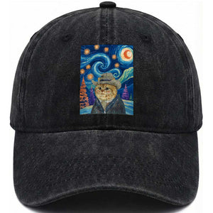 Funny Van Gogh Cat in Starry Night Washed Cotton Baseball Cap TS12 Print Your Wear