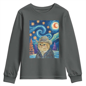 Funny Van Gogh Cat in Starry Night Youth Sweatshirt TS12 Dark Heather Print Your Wear
