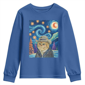 Funny Van Gogh Cat in Starry Night Youth Sweatshirt TS12 Royal Blue Print Your Wear