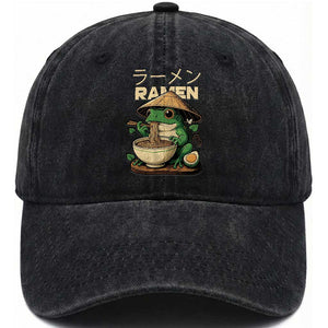 Frog Eating Ramen Washed Cotton Baseball Cap Funny Japanese Food Lover Anime TS12 Print Your Wear