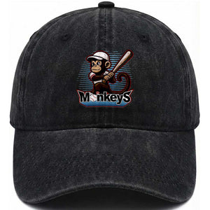 Funny Chimpanzee Swinging Bat Baseball Washed Cotton Baseball Cap Sport Humor Gift TS12 Washed Cap Universal Fit Black Print Your Wear